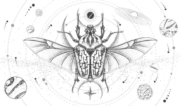 태양계와 골리앗 딱정벌레가 현대의 손으로 마술적 삽화를 그리는 — 스톡 벡터
