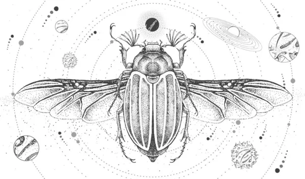 Moderna Carta Magica Stregoneria Con Sistema Solare Coleottero Giugno Illustrazione — Vettoriale Stock