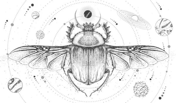 Moderna Carta Magica Stregoneria Con Sistema Solare Scarabeo Illustrazione Vettoriale — Vettoriale Stock