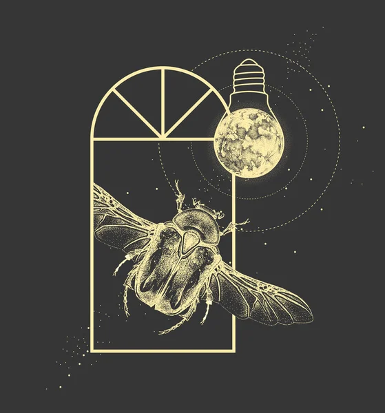 Magia Brujería Ventana Silueta Con Flor Chafer Escarabajo Luna Llena — Archivo Imágenes Vectoriales