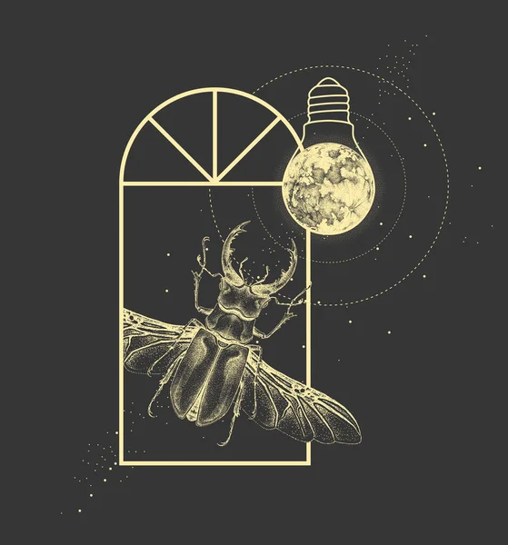 Magic Witchcraft Window Silhouette Stag Beetle Full Moon Light Bulb — Stock Vector