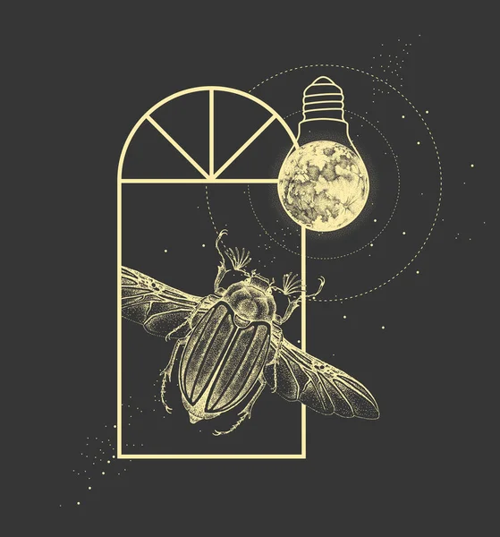 魔法魔法窗口轮廓与金丝雀甲虫和满月像灯泡 矢量说明 — 图库矢量图片
