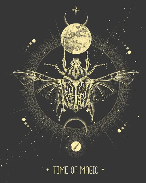 Tarjeta Brujería Mágica Moderna Con Luna Escarabajo Goliat Dibujo Mano — Archivo Imágenes Vectoriales
