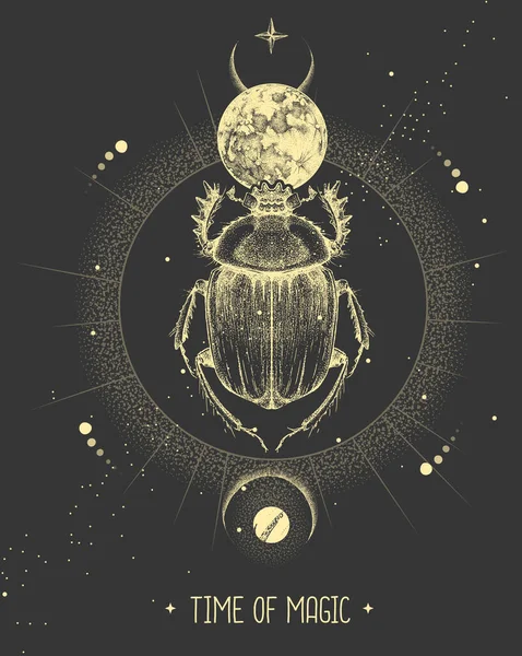 Tarjeta Brujería Mágica Moderna Con Escarabajo Luna Escarabajo Dibujo Mano — Archivo Imágenes Vectoriales