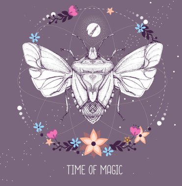 Astroloji arka planında kalkan böceği olan modern büyü taros kartı. Vektör illüstrasyonu