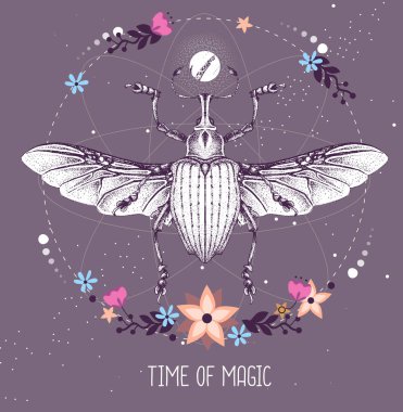 Astroloji arka planında Curculionidae böceği olan modern büyü büyüsü taros kartı. Vektör illüstrasyonu