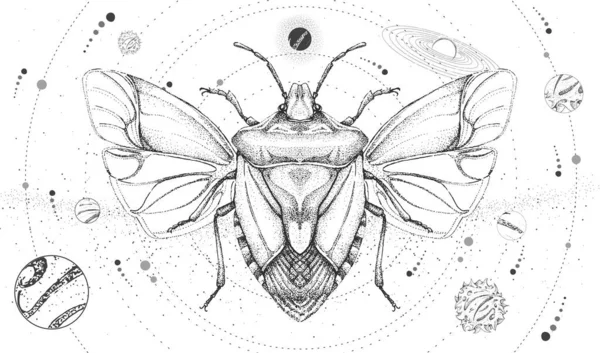 Tarjeta Brujería Mágica Moderna Con Sistema Solar Escarabajo Escudo Dibujo — Archivo Imágenes Vectoriales