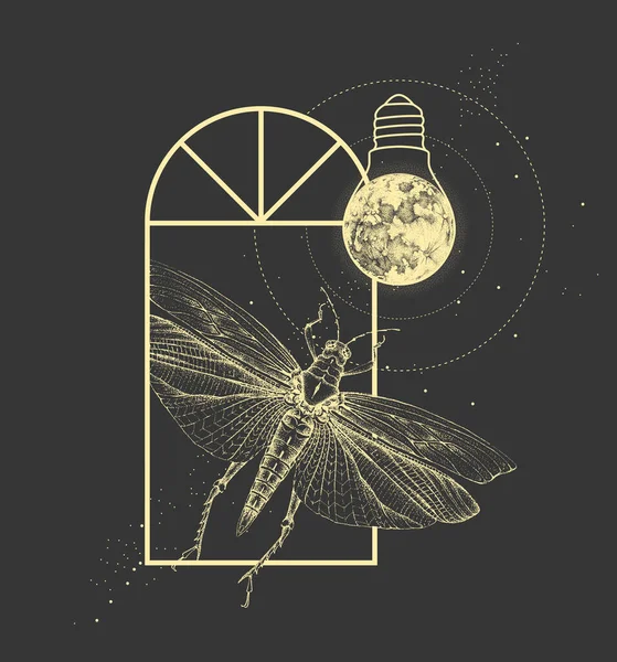 Волшебный Силуэт Витража Кузнечиком Полной Луной Лампочка Векторная Иллюстрация — стоковый вектор