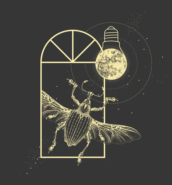 魔法魔法窗口轮廓与甲虫和满月一样的灯泡 矢量说明 — 图库矢量图片