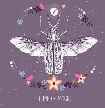 Astroloji arka planında Sabertooth Longhorn böceği olan modern büyü büyüsü taros kartı. Vektör illüstrasyonu