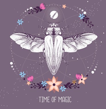 Astroloji arka planında üç renkli Belionota böceği olan modern büyü büyüsü taros kartı. Vektör illüstrasyonu