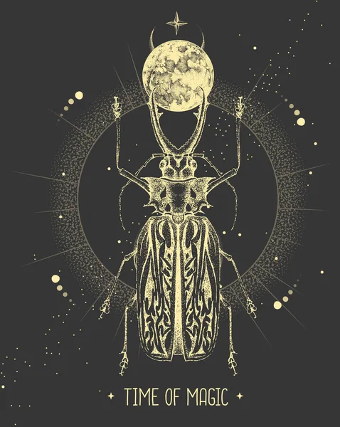 Tarjeta Brujería Mágica Moderna Con Luna Escarabajo Longhorn Sabertooth Dibujo — Archivo Imágenes Vectoriales