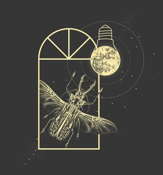 魔法窗口轮廓与剑齿龙甲虫和满月像灯泡 矢量说明 — 图库矢量图片
