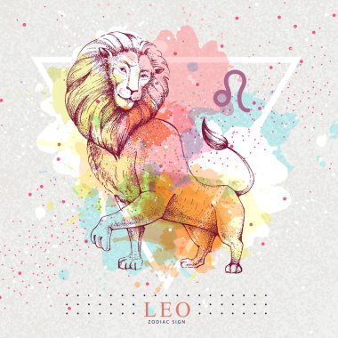 Artistik suluboya arka planda astroloji Leo Zodyak yazılı modern büyü büyücülük kartı. Gerçekçi el çizimi aslan