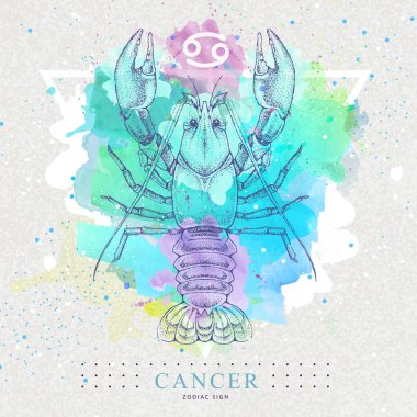 Sanatsal suluboya arka planda astroloji burcuna sahip modern sihir kartı. Gerçekçi el çizimi ıstakoz çizimi.