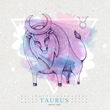 Sanatsal suluboya arka planda astroloji Taurus burcuna sahip modern büyü büyücülük kartı. Gerçekçi el boğa çiziyor.