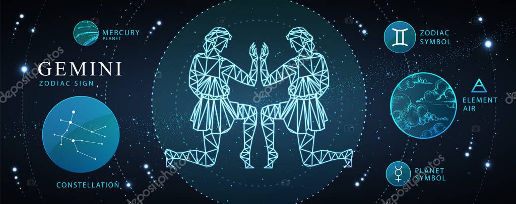 Modern magic witchcraft card with astrology Gemini zodiac sign. Polygonal men figure illustration. Zodiac characteristic