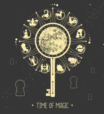 Uzay arka planında burç işaretleri olan modern büyücülük Astroloji Çarkı. Sihirli anahtar silueti. Yıldız falı vektör çizimi