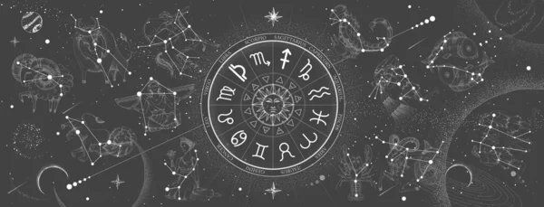 Roata Astrologică Semne Zodiacale Fundalul Hărții Constelației Ilustrație Realistă Semnelor — Vector de stoc