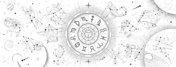 Rueda Astrología Con Signos Del Zodiaco Fondo Del Mapa Constelación — Archivo Imágenes Vectoriales