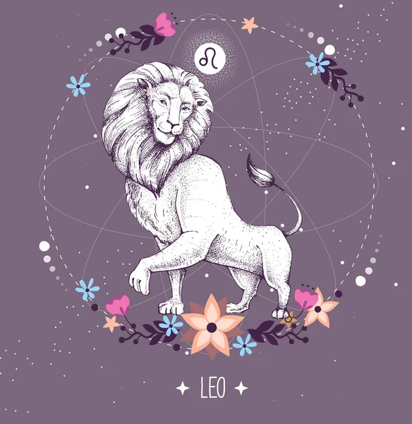 Carte Sorcellerie Magique Moderne Avec Signe Astrologique Zodiaque Lion Caractéristiques — Image vectorielle