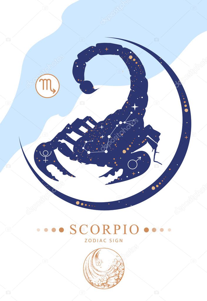Modern magic witchcraft card with astrology Scorpio zodiac sign. Zodiac characteristic