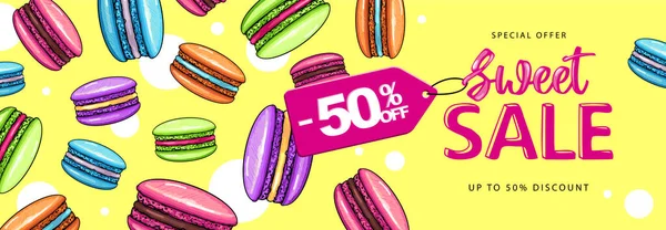 Verão Colorido Grande Cartaz Venda Com Bolos Macaron Doce Macaroons — Vetor de Stock