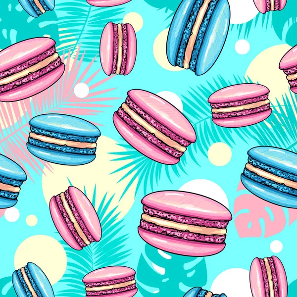 stock vector Seamless pattern of colorful sweet macarons cakes with tropic leaves. French macaroons. Junk food background