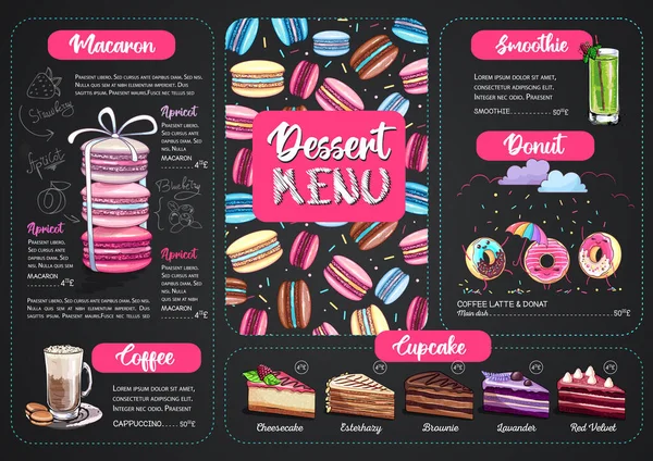 Chalk Tekening Dessert Menu Ontwerp Met Zoete Franse Macarons Gebak — Stockvector