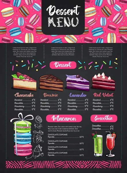 Diseño Menú Postres Dibujo Tiza Con Macarrones Pasteles Dulces Franceses — Vector de stock