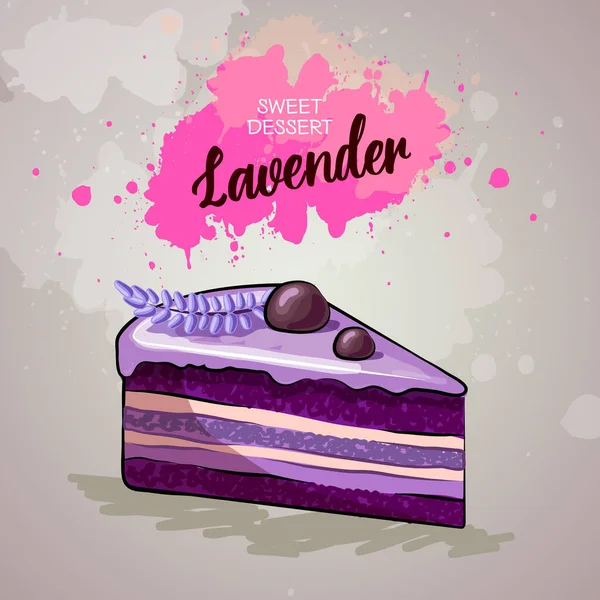 Doux Gâteau Lavande Sur Fond Aquarelle Artistique Menu Dessert — Image vectorielle