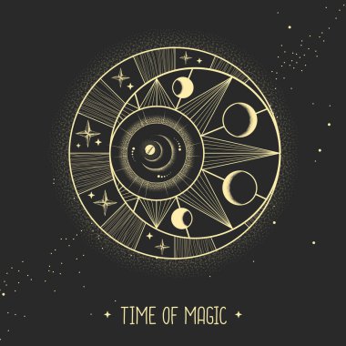 Astroloji güneşi ve ay işaretli modern büyü kartı. Gece gündüz..