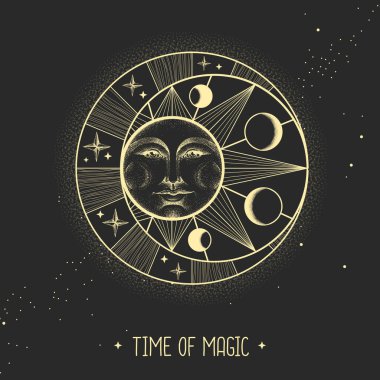 Astroloji güneşi ve insan yüzlü ay işareti olan modern büyü kartı. Gece gündüz..