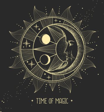 Astroloji güneşi ve insan yüzlü ay işareti olan modern büyü kartı. Gece gündüz..
