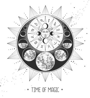 Astroloji güneşi ve insan yüzlü ay işareti olan modern büyü kartı. Gündüz ve gece. Astroloji çarkında burç işaretleri var. Yıldız falı vektör çizimi