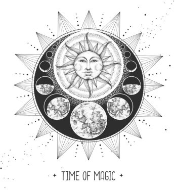 Astroloji güneşi ve insan yüzlü ay işareti olan modern büyü kartı. Gece gündüz..