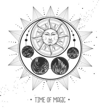 Astroloji güneşi ve insan yüzlü ay işareti olan modern büyü kartı. Gece gündüz..