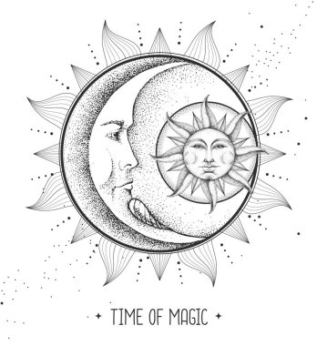 Astroloji güneşi ve insan yüzlü ay işareti olan modern büyü kartı. Gündüz ve gece. Gerçekçi el insan yüzüyle güneş ve ayın çizimi