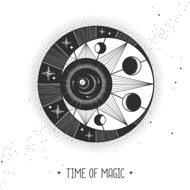 Astroloji güneşi ve ayı olan modern büyü kartı. Gece gündüz..