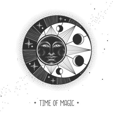 Astroloji güneşi ve insan yüzlü ay işareti olan modern büyü kartı. Gece gündüz..