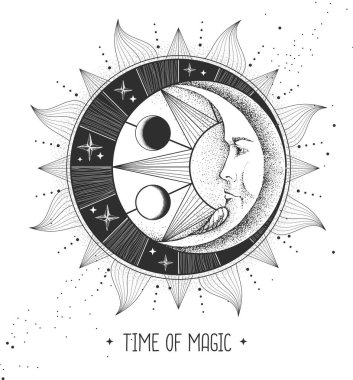 Astroloji güneşi ve insan yüzlü ay işareti olan modern büyü kartı. Gece gündüz..