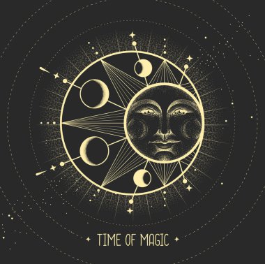Astroloji güneşi ve insan yüzlü ay işareti olan modern büyü kartı. Gece gündüz..