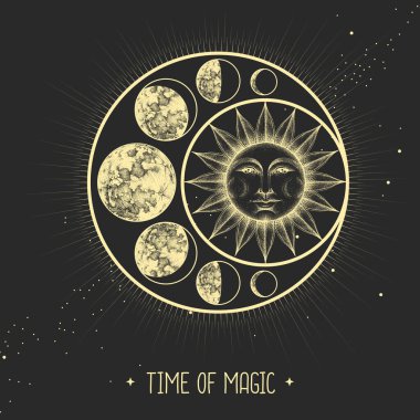 Astroloji güneşi ve insan yüzlü ay işareti olan modern büyü kartı. Gece gündüz..