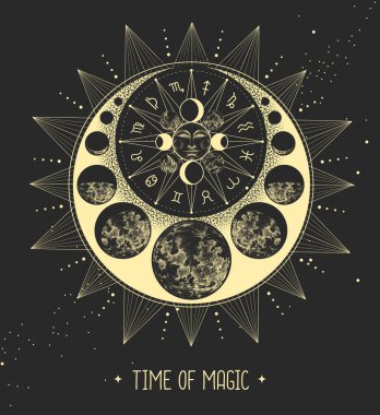 Astroloji güneşi ve insan yüzlü ay işareti olan modern büyü kartı. Gündüz ve gece. Astroloji çarkında burç işaretleri var. Yıldız falı vektör çizimi
