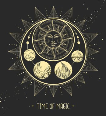 Astroloji güneşi ve insan yüzlü ay işareti olan modern büyü kartı. Gece gündüz..