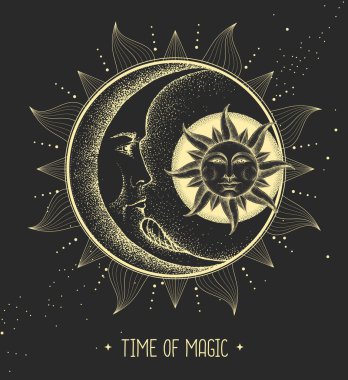 Astroloji güneşi ve insan yüzlü ay işareti olan modern büyü kartı. Gece gündüz..