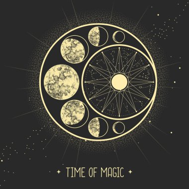 Astroloji güneşi ve insan yüzlü ay işareti olan modern büyü kartı. Gündüz ve gece. Astroloji çarkında burç işaretleri var. Yıldız falı vektör çizimi