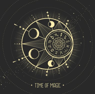 Astroloji güneşi ve insan yüzlü ay işareti olan modern büyü kartı. Gündüz ve gece. Astroloji çarkında burç işaretleri var. Yıldız falı vektör çizimi