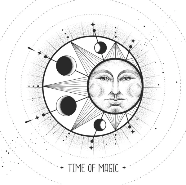 Современная Магическая Карта Колдовства Астрологическим Солнцем Лунным Знаком Человеческим Лицом — стоковый вектор