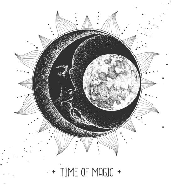 Astroloji güneşi ve insan yüzlü ay işareti olan modern büyü kartı. Gece gündüz..